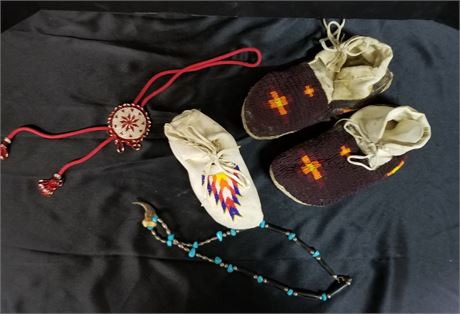 Native American Moccasins & Medallion/Bear Claw Necklace