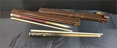 2 Collectible Pool Cues & Leather Cases