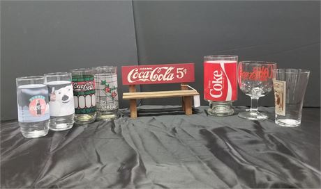 Collectible Coca-Cola Glasses & Wood Bench