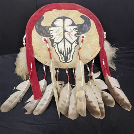 Small Native American Feathered Rawhide Shield - 12" Diameter