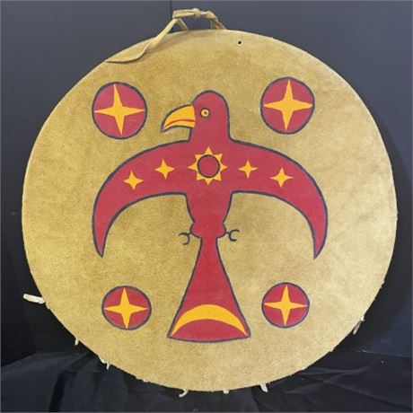 Native American Painted Leather Shield - 24" Diameter -  Red Bird