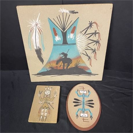 3 Native American Sand Paintings - 12x12, 8" Oval, 4x6
