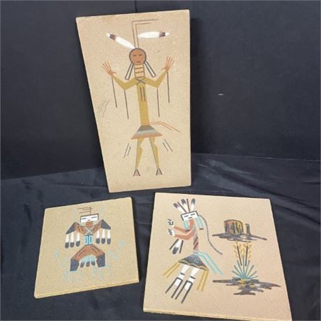 3 Native American Sand Paintings - 6x12, 8x8, 6x6