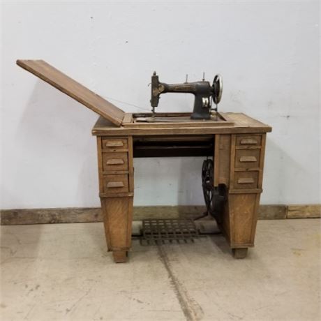 Antique White Rotary Sewing Machine & Cabinet