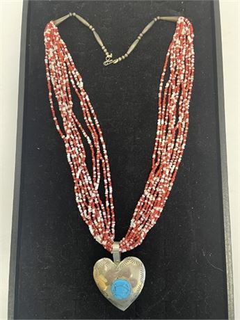 Multi Strand Beaded Necklace w Turquoise Heart