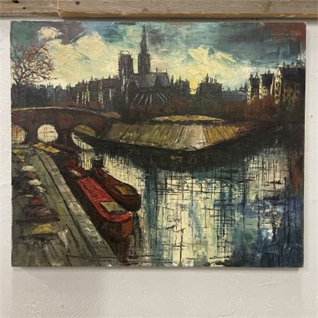 Signed Painting of Notre Dame Cathedral on The Seine River on Canvas by Bertrand