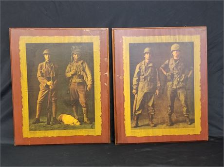 2 Plaques Depicting Infantry Uniforms From Four Wars - 18x22