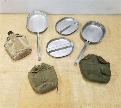 Assortment of Military Mess Kits, Canteen, Covers