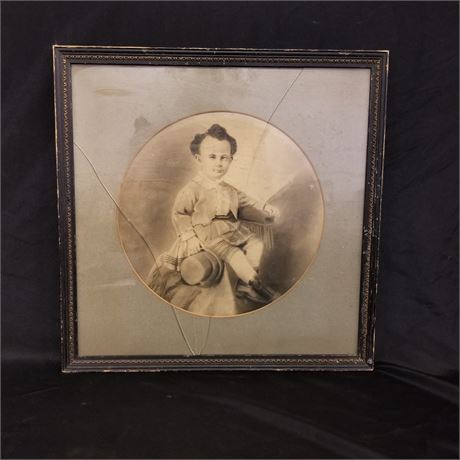 Vintage Framed Child's Portrait - 21x21 - Glass Cracked