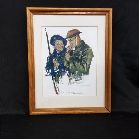 Framed and Signed WWI Soldiers Smoking Print by C. Leroy Baldridge