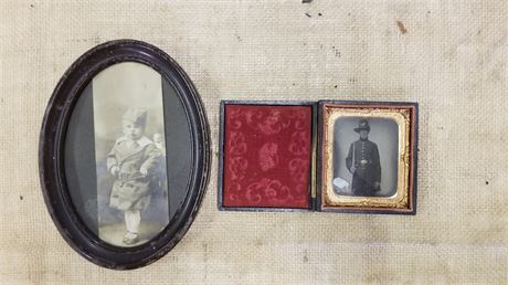 Vintage Framed Oval Toddler & Cavalry Trooper Pictures