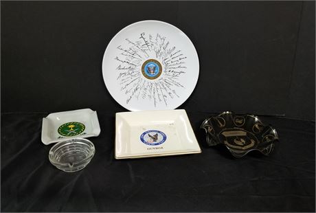 Collectible Signed Presidential Plate & Military Ashtrays