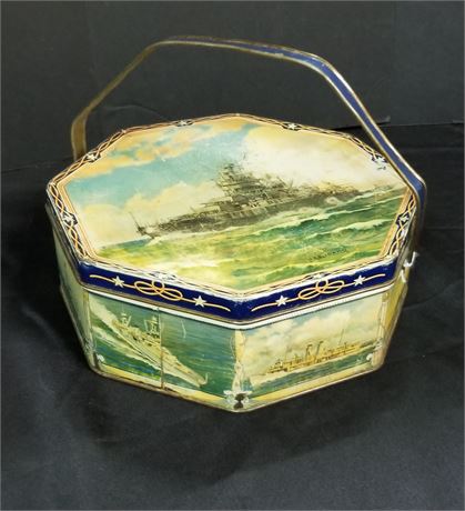 Vintage Handled Biscuit Tin with U.S. Warships