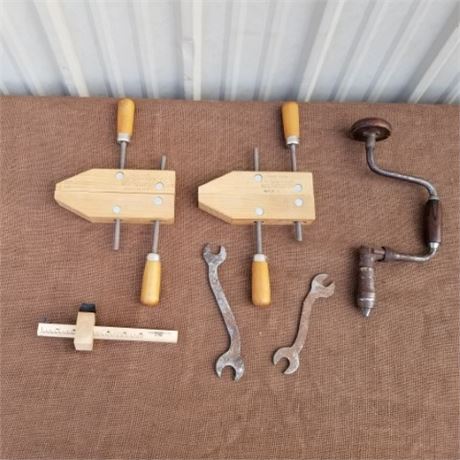 Wood Working Tools, Vintage Brace, + Wrenches