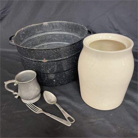 Enamel Pot, Jar, & Utensils