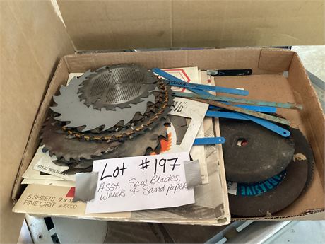 Assorted Box: Saw Blades, Wheels & Sandpaper