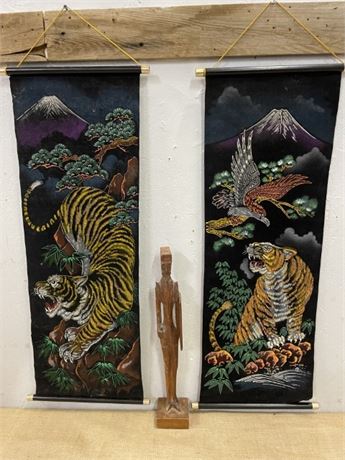 2 Wall Hangings & Carved Figurine