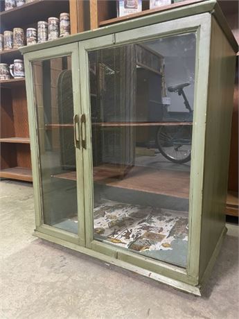 Vintage Glass Fronted Cabinet w/ Unique Uneven Door Width - 32x22x35