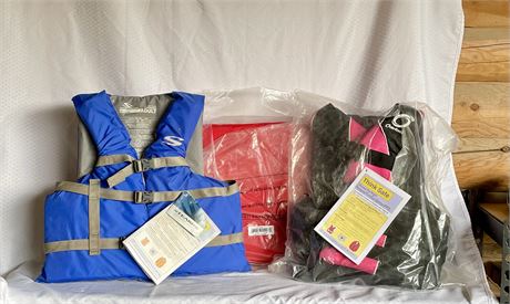 New Life Jackets - 1 Adult Universal Fit, 1 Adult Sm/Med, 1 Safety Throw Cushion