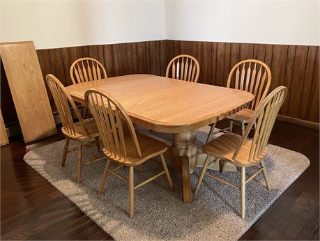 Oak Double Pedestal Dining Table With 2 Leaves & 6 Chairs