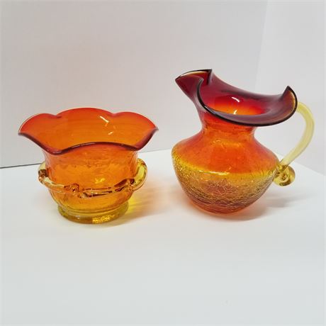 1930s Amberina Creamer & Crackle Glass Sugar Bowl