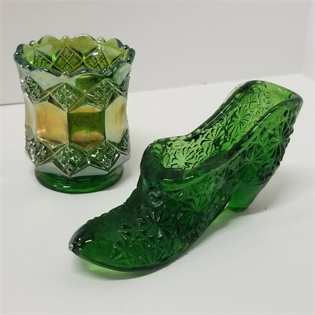 Vintage Green Pressed Glass Slipper & 1930s Imperial Glass Toothpick Holder