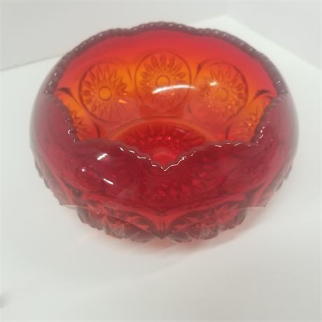 Vintage Art Glass Amberina Ruby Red Rose Bowl - 6" Dia. w/ Display Stand