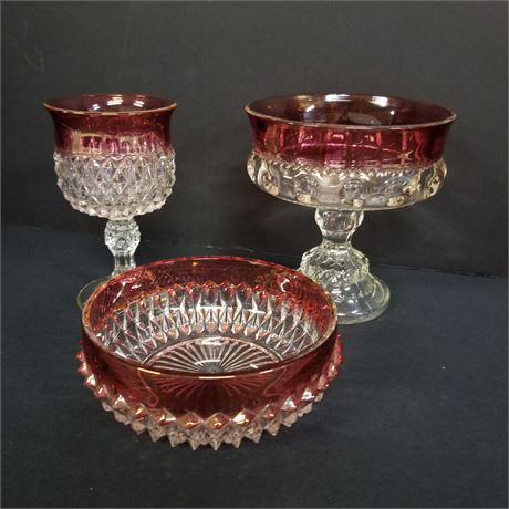 Kings Crown Cranberry Pedestal Thumbprint Dish, Candy Dish, & Wine Cordial