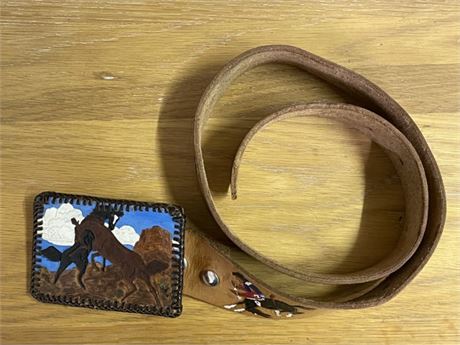 Cool Tooled & Painted Western Style Belt & Buckle...39"