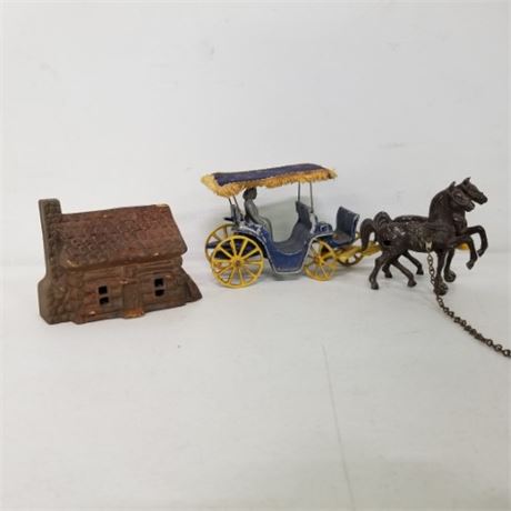 Cast Iron Coin Bank & Cast Horses & Carriage