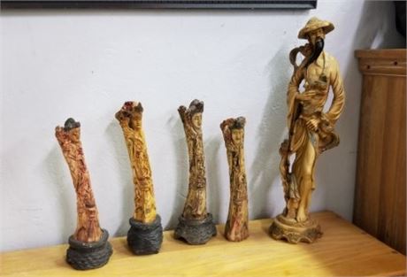 4 Hand Carved Bone & 1 Cast Statues...12-19" Tall