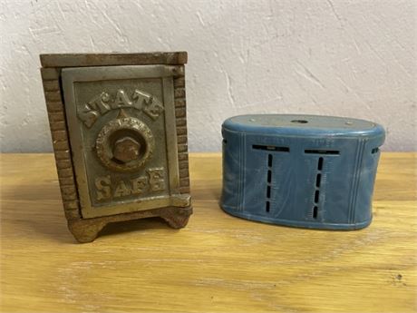 Vintage Safe & Baby's Coin Bank Pair