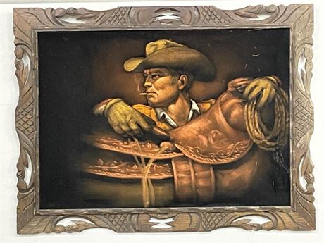 Framed Cowboy Painting on Velvet - 41x31