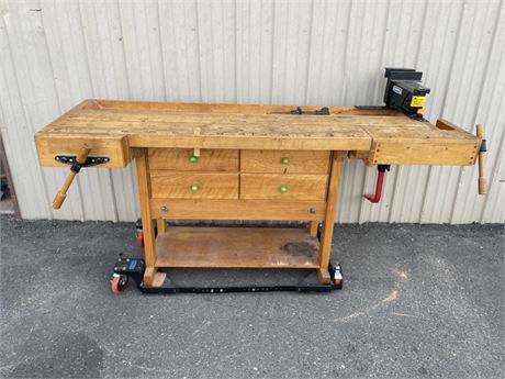 Custom Built Wood  Working Bench w/ Bench Jaws & Vises - 80x30x36