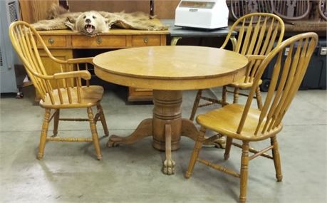 Antique Oak Round Pedestal Clawfoot Table with  3 Chairs - 44" diameter