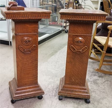 2 Vintage Oak Rolling Pedestals from Odd Fellows+Gavel! 15x15x34