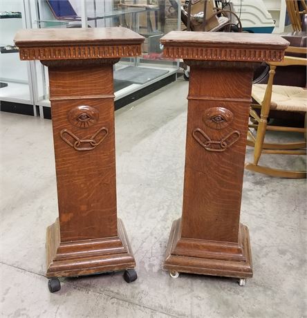 2 Vintage Oak Pedestals from Odd Fellows 15x34