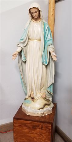 Large Vintage Virgin Mary Statue on Wood Pedestal - 17x15x42