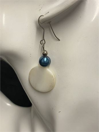 White Circle with Blue Stone Dangle Earrings