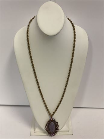 Long Gold Necklace with Purple Pendant