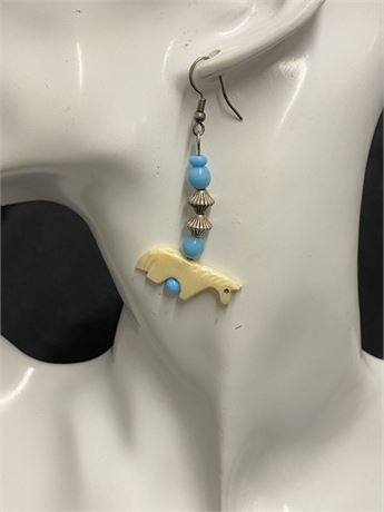 Dangle Earrings With Blue Beads and White Stone Horse