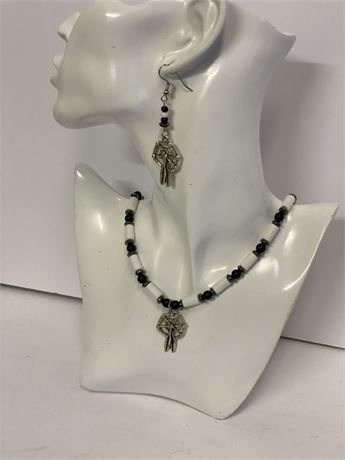 Black and White Beaded Necklace and Earrings Set