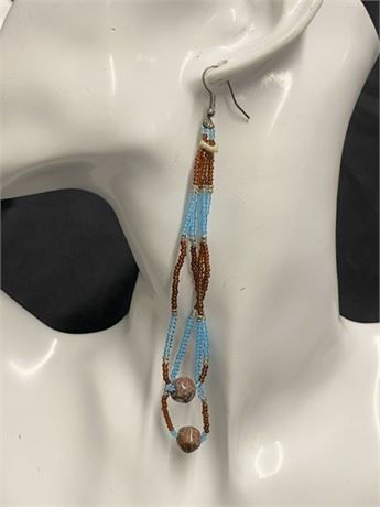 Long Beaded Earrings with Maroon Grey Stone