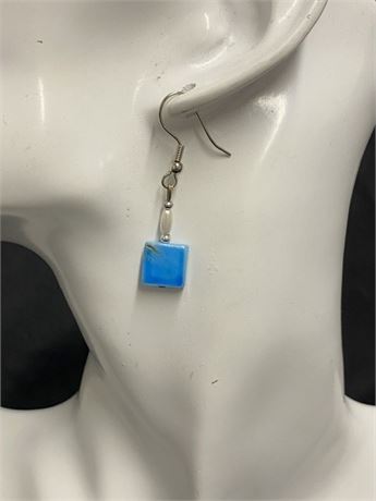 Dangle Earrings with Blue Square Stone