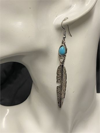 Feather Dangle Earrings With Turquoise Stone