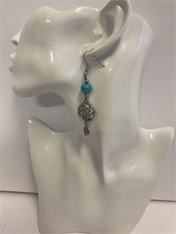 Dangle Earrings With Turquoise Bead and Dreamcatcher