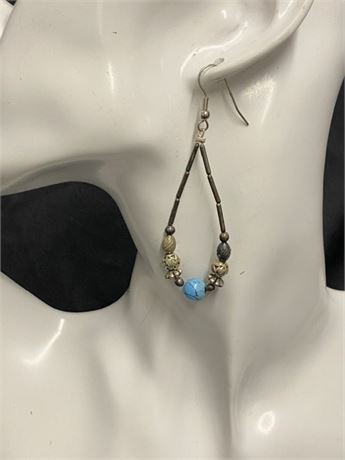 Dangle Metal Earrings With Blue Stone