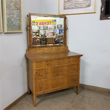 Antique Oak Dresser w/ Mirror on Wheels - 36x18x63