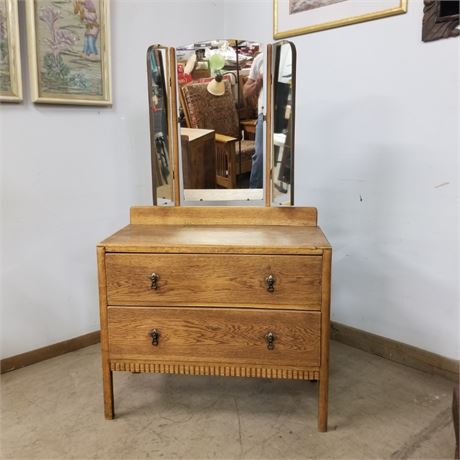 Antique Oak Dresser w/ Tri- Fold Mirror - 36x18x63