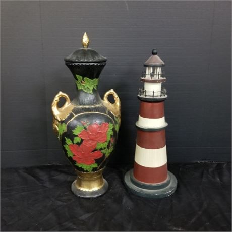 Tall Handpainted Lidded Vase & Light House...21" Tall